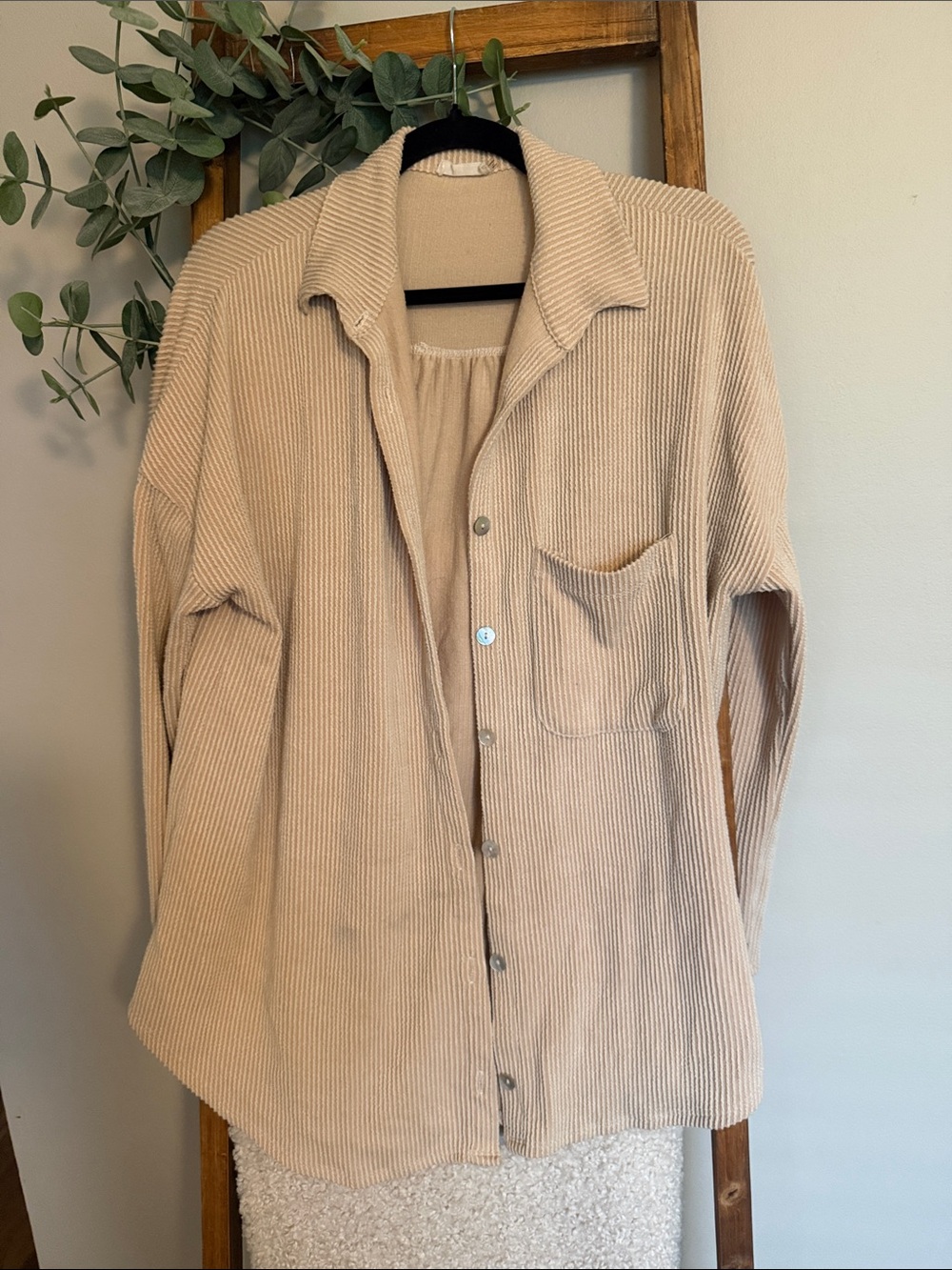 Beige Ribbed Button-Up Shirt  - Casual Overshirt